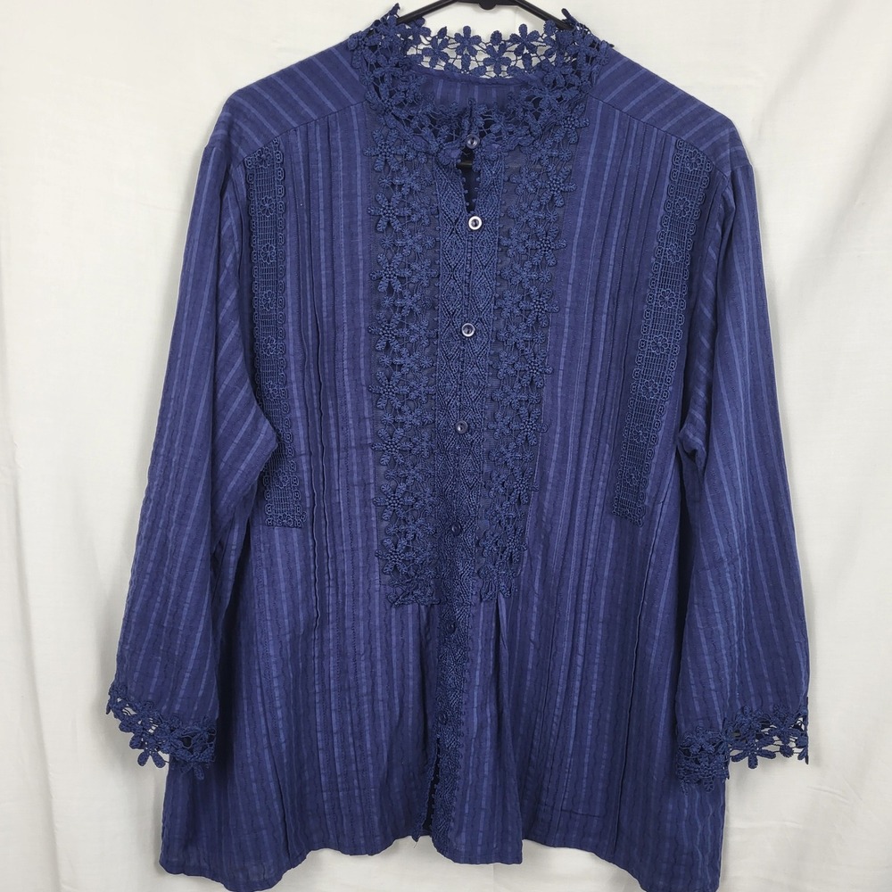 Navy Blue Floral Crochet Lace Trim Striped Button Front Blouse‎ XL
